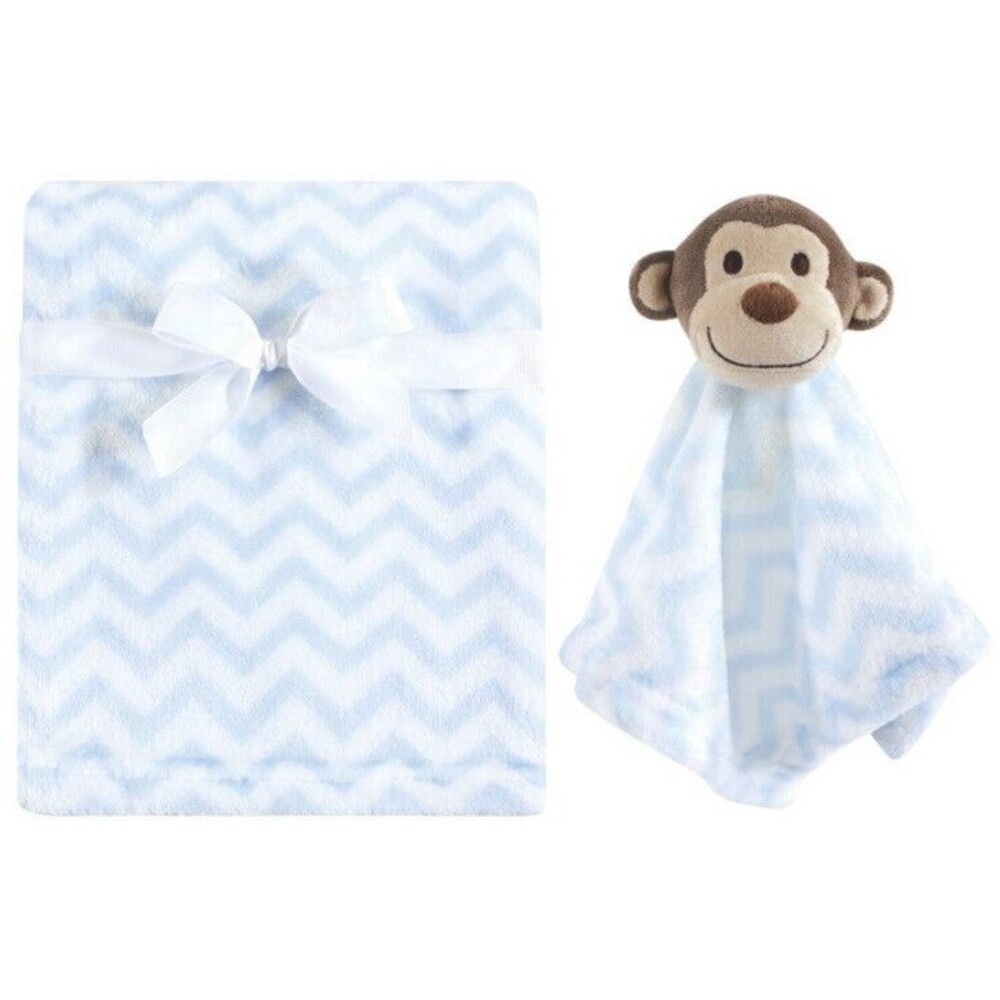 Hudson Baby Blue Monkey Blanket Security Lovey Set Zig Zag Soft Plush Boys New